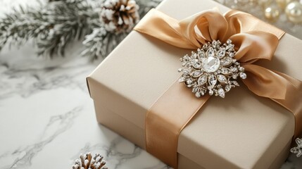 Elegant Gift Box with Bow and Sparkling Brooch on Marble Surface