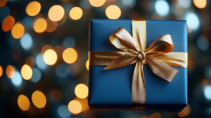 Glowing Blue Gift Box with Golden Ribbon Against Festive Background