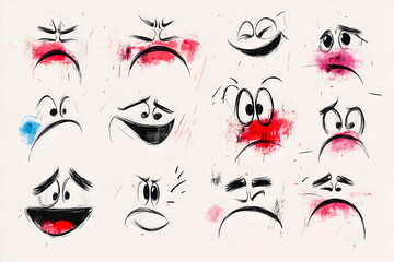Collection d'expressions de visage gribouill&eacute;es au crayon noir, &eacute;motic&ocirc;nes yeux et bouche