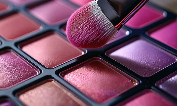 A close-up of a makeup brush applying color to a vibrant eyeshadow palette.