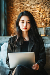 Asian look businesswoman holding a laptop. 