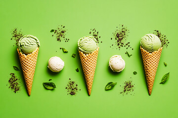 Directly above. Cone ice cream on green background. 