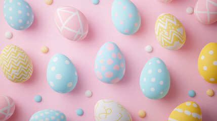 A minimalist Easter design featuring pastel pinks, blues, and yellows, with hand-drawn Easter eggs and a central text space for a festive greeting in a trendy flat style. Generative AI.