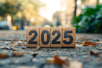 Year 2025 written on a wooden blocks. New year concepts