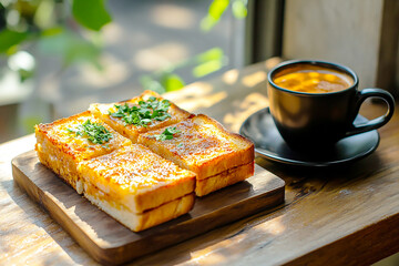 Toast bread served with a cup of coffee latte on wooden table