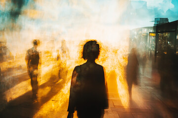 Silhouette of a person in motion effect and bright light in the background