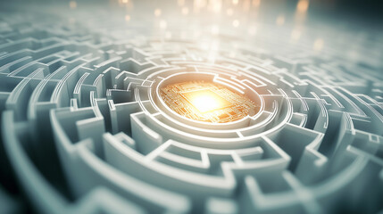 A detailed white maze spiraling toward a central microchip that emits a faint golden glow, representing technological breakthroughs and strategic navigation