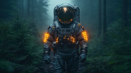 Astronaut in a misty forest, illuminated by suit lights.