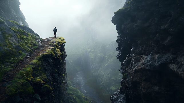 Dangerous &ndash; A person walking on a dangerous narrow mountain path