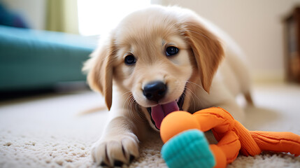 Happy Labrador retriever laying at home with a chew toy for Dog Teeth cleaning. Golden retriever puppy chewing dog teeth cleaning toy. Oral hygiene for dogs of all breeds. Dog Dental care