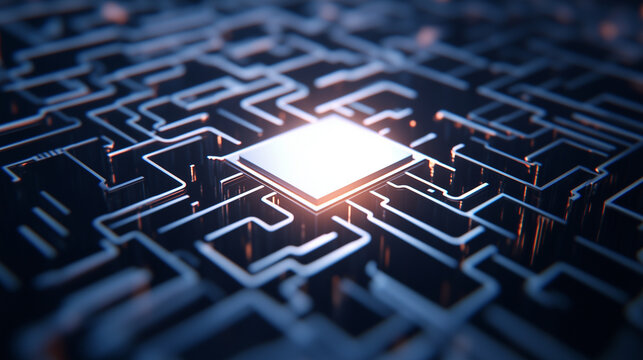 A central microchip glowing in a soft white light placed in a detailed maze of intertwining paths, symbolizing the complexity and clarity of technological innovation