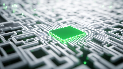 A glowing microchip highlighted in vibrant green within a dynamic white maze, surrounded by faintly visible digital lines and abstract light effects