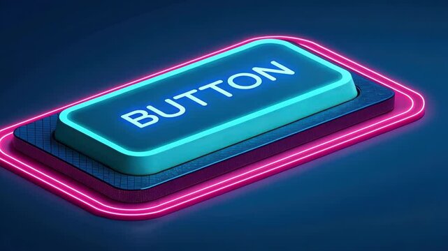 A vibrant glowing rectangular button with rounded corners each pixel radiating a warm electric blue hue surrounded by a soft pink neon border that flickers gently reminiscent of