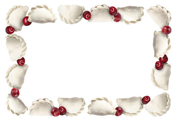 Frame made of raw dumplings (varenyky) and cherries on white background