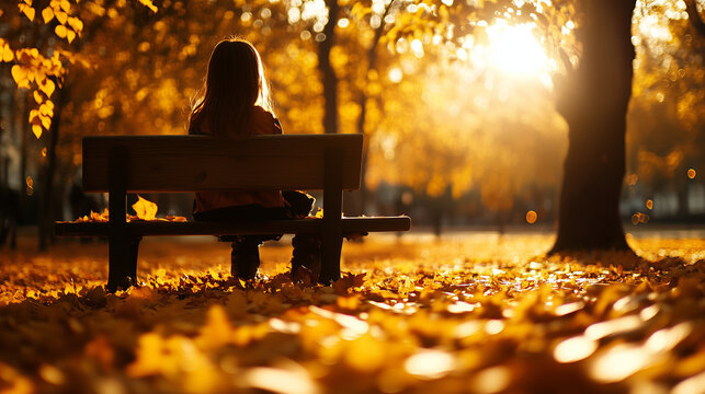 A young girl sits on a wooden bench in a quiet park, surrounded by fallen autumn leaves, her expression thoughtful and tinged with sadness as golden light filters through the trees