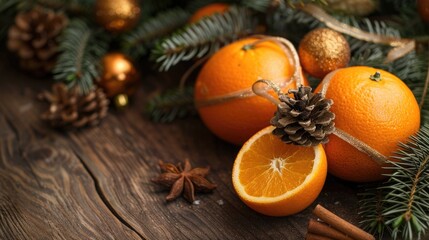 Oranges Christmas Composition with Fir Tree and Wooden Background