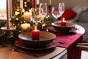 Beautiful dishware with burning candles, fir tree branches and Christmas lights on wooden table indoors, closeup