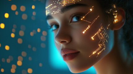 A futuristic portrait of a woman with a glowing AI chip embedded near her temple, her skin illuminated by golden circuits radiating outward, blending humanity and artificial intell