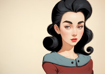 portrait of a woman with retro hairstyle and curls wearing 1950s inspired attire and isolated on a beige background