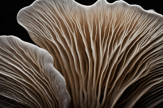 Close-up of moist mushroom gills with fine, parallel lines, illuminated by soft light, set against a dark background.
