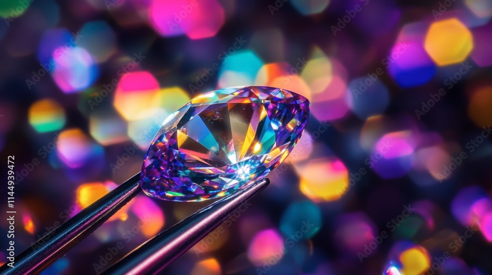 Poster sparkling gemstone on tweezers with colorful bokeh background