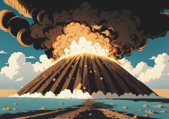 volcanic eruption with volcano and huge smoke with waves in the foreground