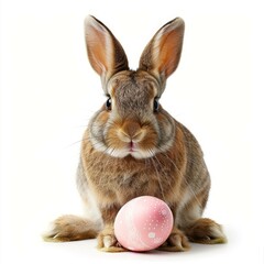 Brown rabbit sitting and looking curious with a pink easter egg at its feet