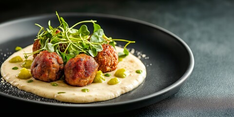 Vegan meatballs on creamy puree, garnished with microgreens and peas, served on a black plate, modern plant-based cuisine, textured dark background, selective focus, copy space
