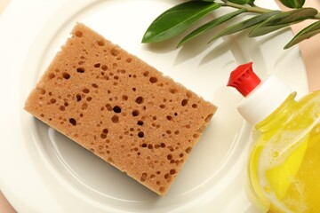 Sponge, detergent and plate on beige background, flat lay