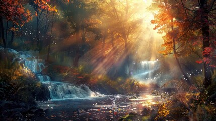 Path To Sun. Majestic Sunlight Filtering Through Forest Trees in Autumn Landscape