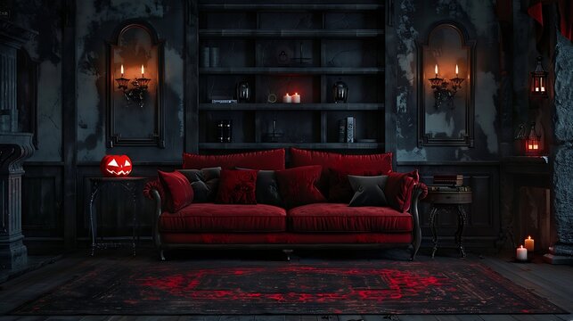 Halloween pumpkins on sofa in living room. 3d rendering