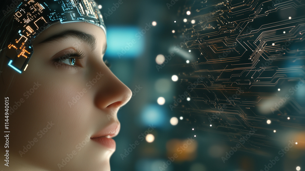 Poster a profile of a woman with an ai chip gleaming on her temple and intricate holographic circuit patter