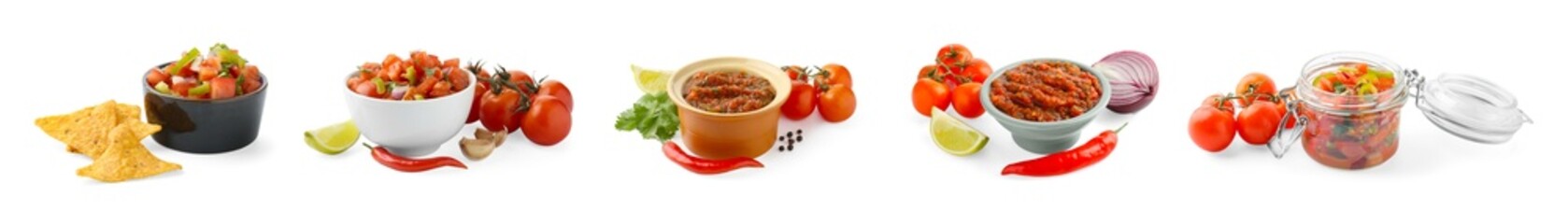 Delicious salsa sauce in bowls and glass jar isolated on white, set