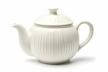 White ceramic teapot, ribbed design, studio shot, isolated background, perfect for tea packaging.