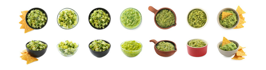 Delicious salsa sauce in bowls isolated on white, collage. Top and side views