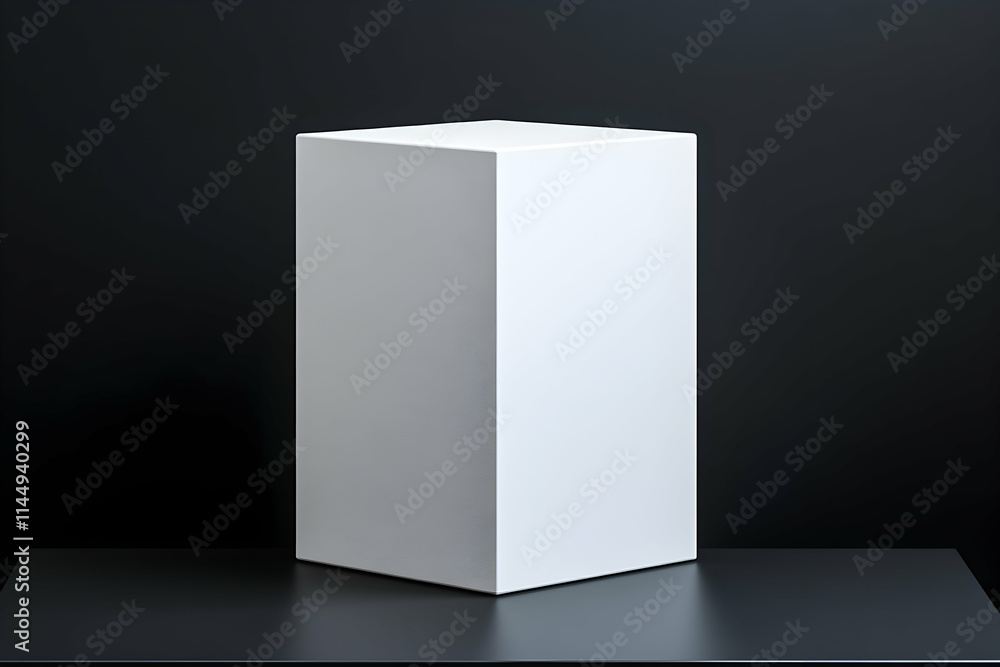 Poster white cube display platform on black background for product presentation.