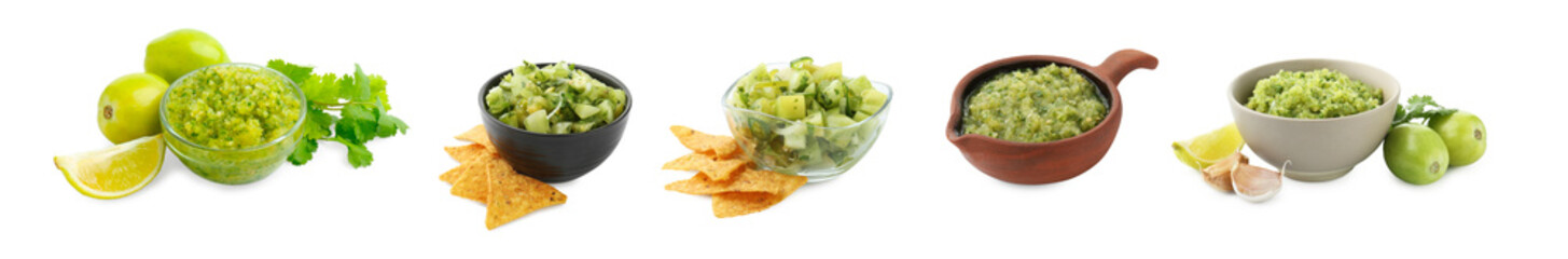 Delicious salsa sauce in bowls isolated on white, set