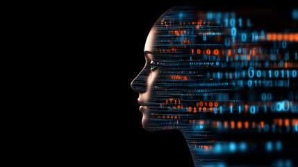 A semi-transparent AI face materializing out of cascading numbers and holographic data streams, symbolizing the essence of artificial intelligence and machine learning