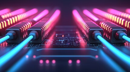 Ethernet network and efficiency concept, A futuristic circuit board with glowing cables, showcasing a blend of vibrant colors and advanced technology.