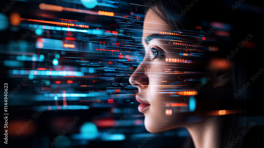 Poster a glowing, high-tech ai face breaking through a storm of abstract data streams and holographic patte