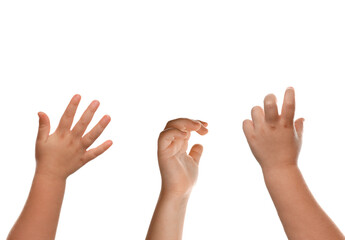 Kids showing hands on white background, closeup