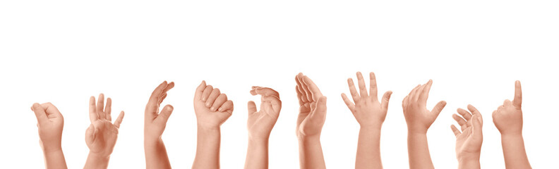 Kids showing hands on white background, closeup