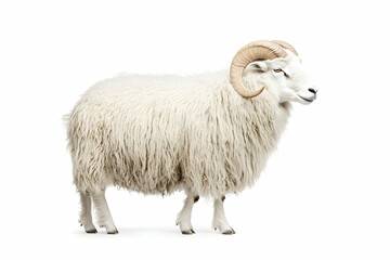 Fototapeta premium White Sheep Profile, Standing, Isolated, Fluffy Fleece, Farm Animal, Agriculture, Wool Production.