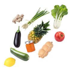 Different products in air on white background