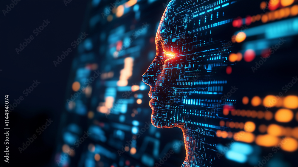 Poster a vibrant, glowing ai face forming amidst cascading holograms of data points, graphs, and algorithmi