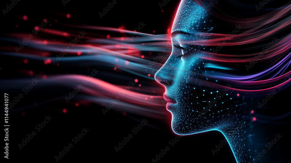 Poster a futuristic ai face emerging from layers of translucent, swirling streams of big data and neural ne