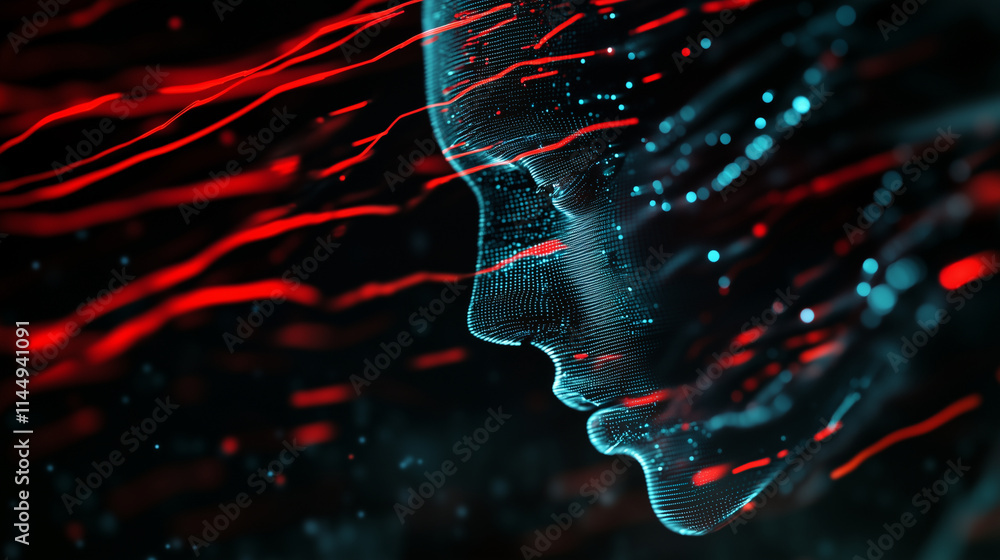 Poster a futuristic ai face emerging from layers of translucent, swirling streams of big data and neural ne
