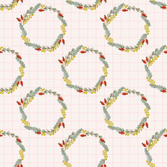 Christmas pattern with plant wreath on grid backdrop. Winter retro green branches and red berries background. Hand drawn flat design vector illustration.