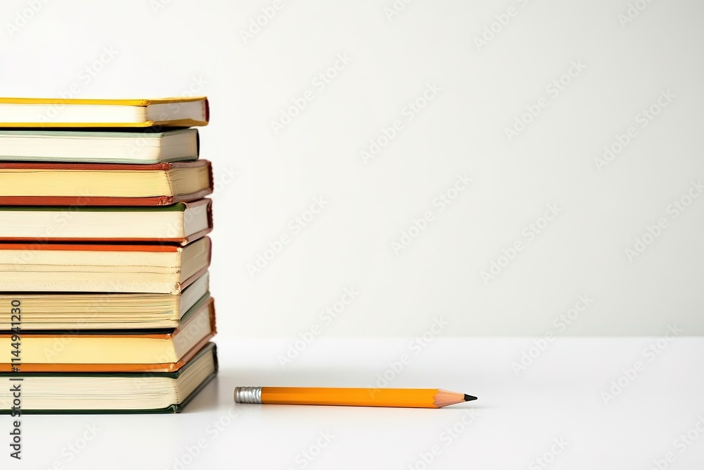 Poster stack of language textbooks on clean desk with pencil beside them
