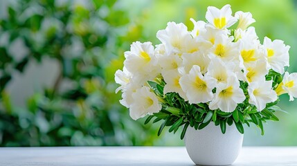Fototapeta premium White flowers in a white pot on a table.